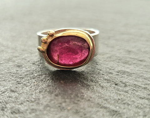 Pink Tourmaline Sterling Silver and 14k Gold Ring